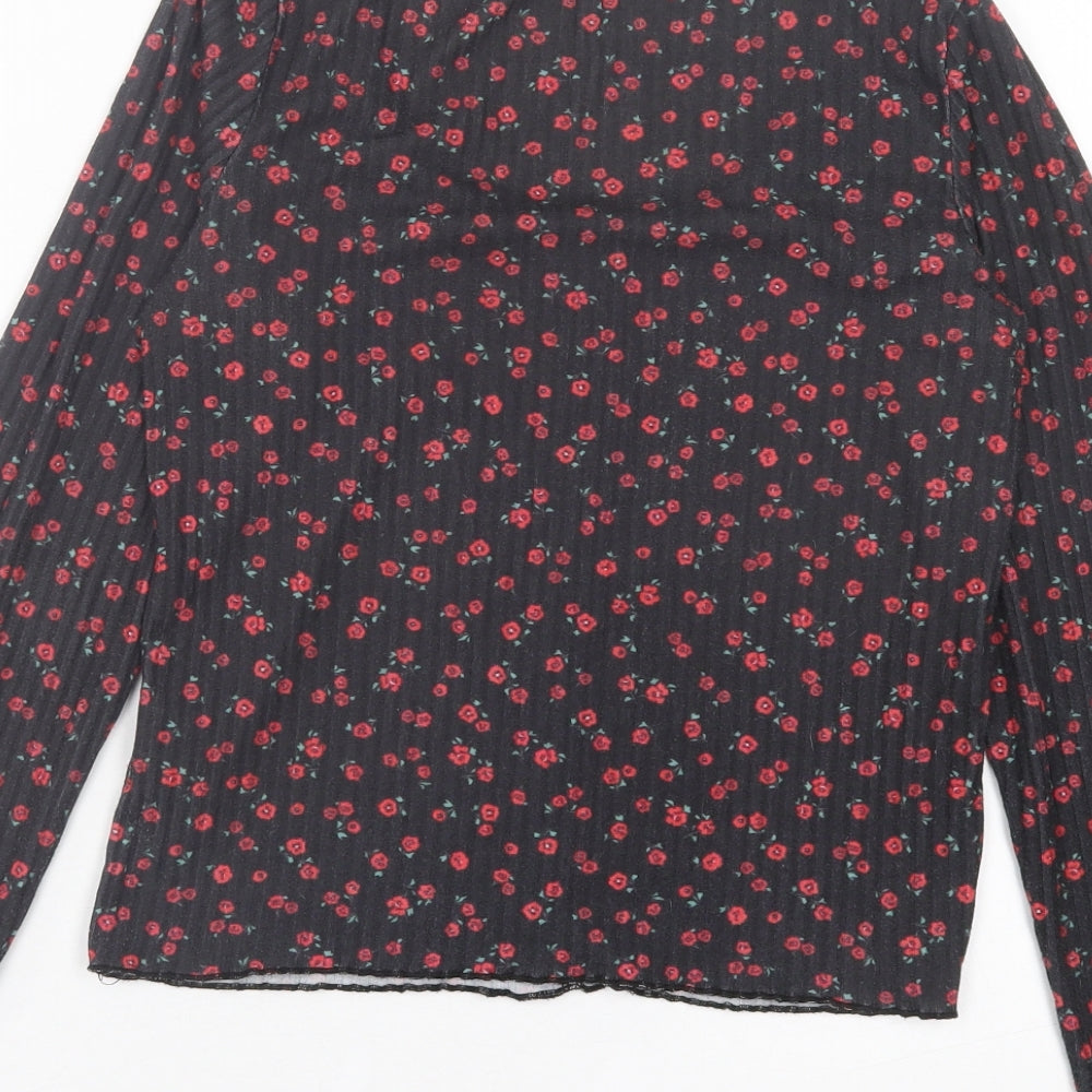 New Look Womens Black Floral Polyester Basic T-Shirt Size 12 Scoop Neck