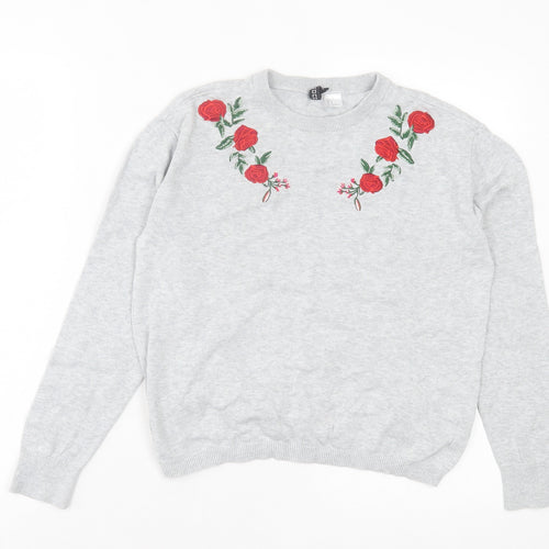 H&M Womens Grey Crew Neck Floral Cotton Pullover Jumper Size S