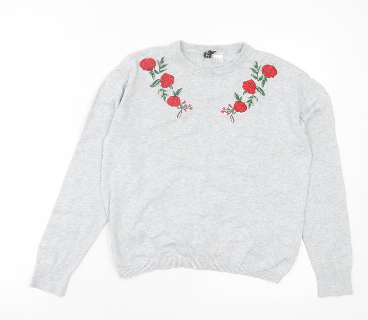 H&M Womens Grey Crew Neck Floral Cotton Pullover Jumper Size S