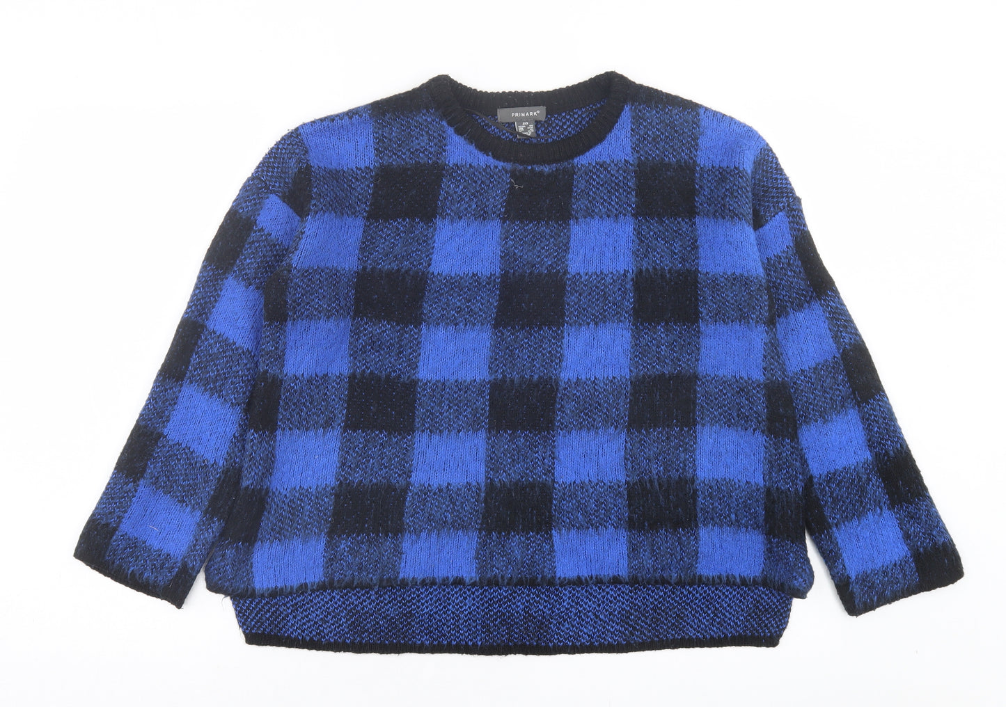 Primark Womens Blue Crew Neck Check Acrylic Pullover Jumper Size 2XS
