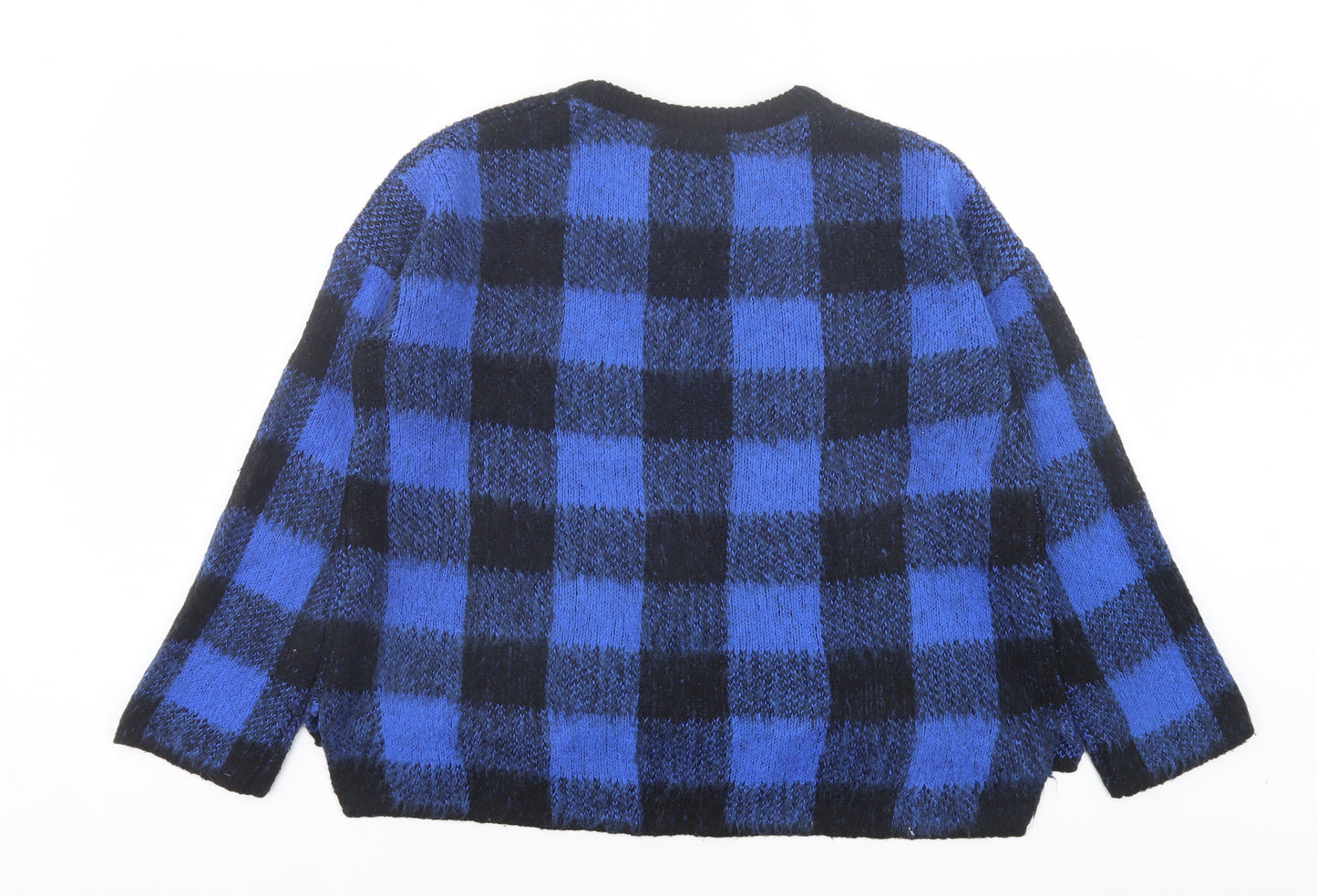 Primark Womens Blue Crew Neck Check Acrylic Pullover Jumper Size 2XS