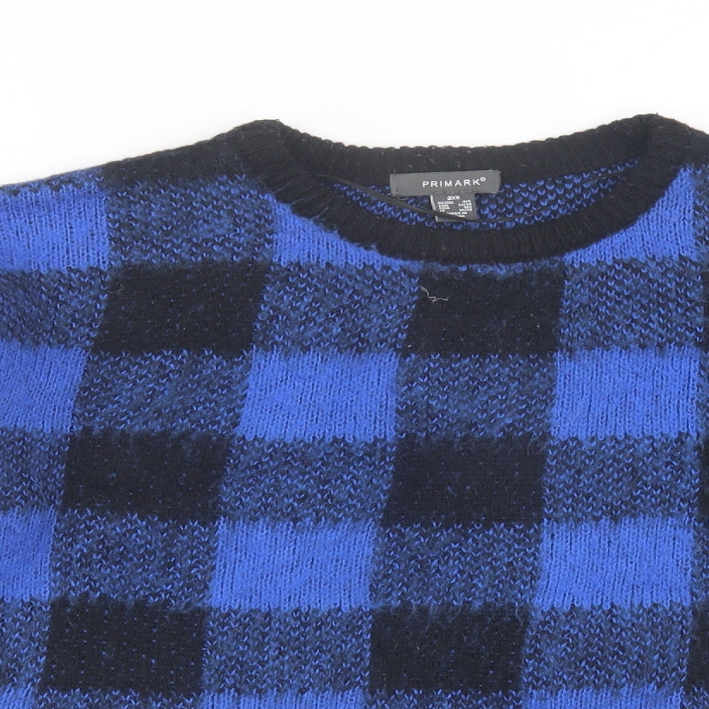Primark Womens Blue Crew Neck Check Acrylic Pullover Jumper Size 2XS