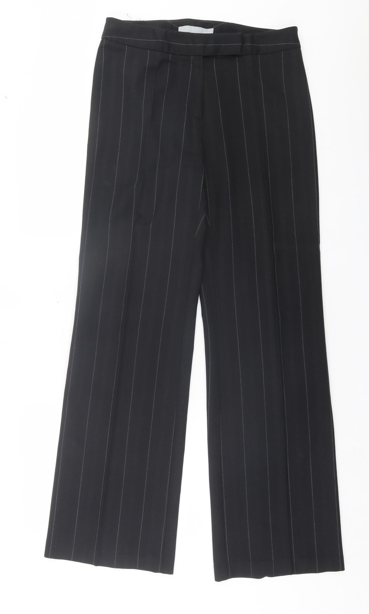 NEXT Womens Black Striped Wool Trousers Size 10 L33 in Regular Hook & Eye