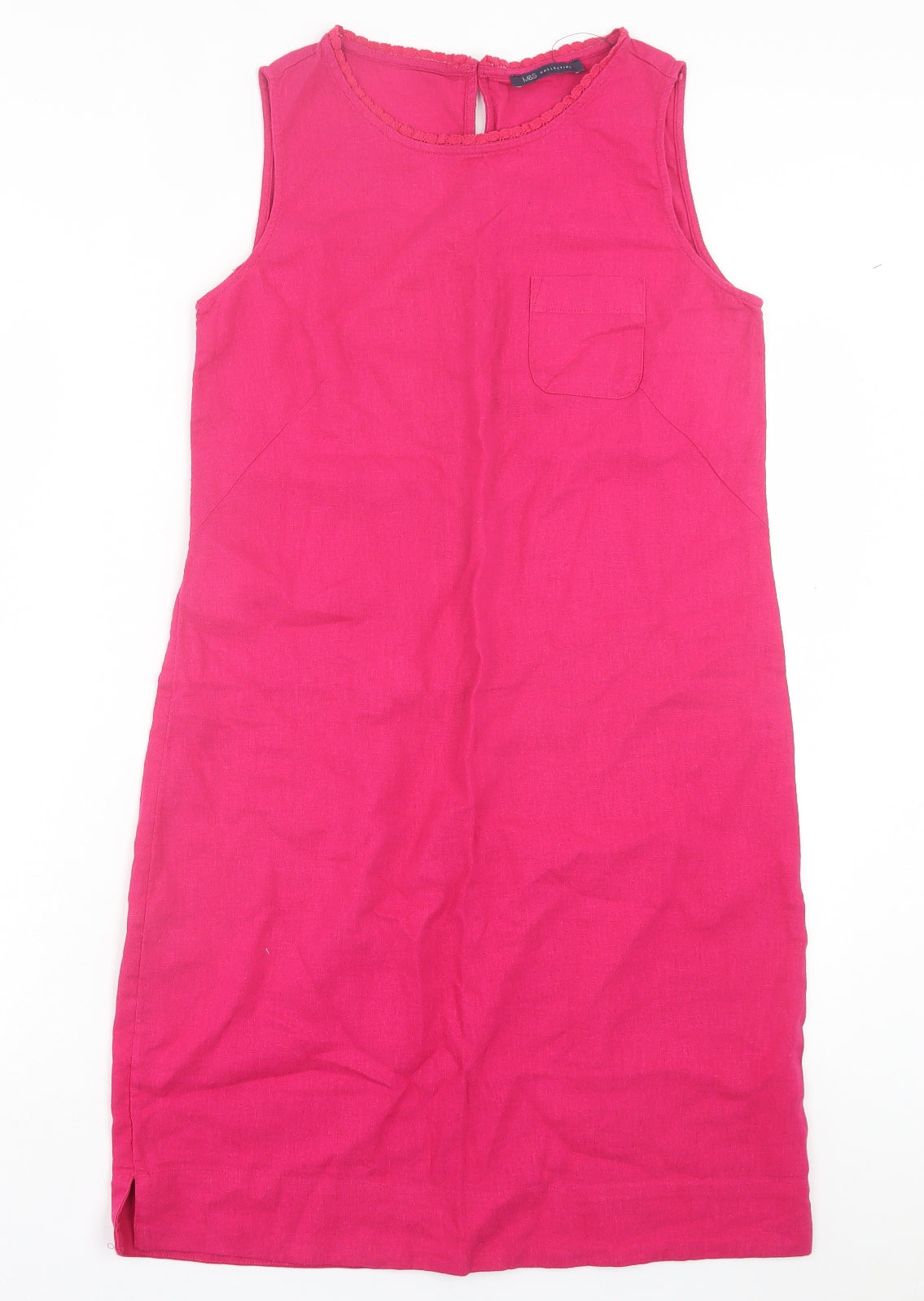 Marks and Spencer Womens Pink Linen A-Line Size 8 Crew Neck Button - Pocket Detail