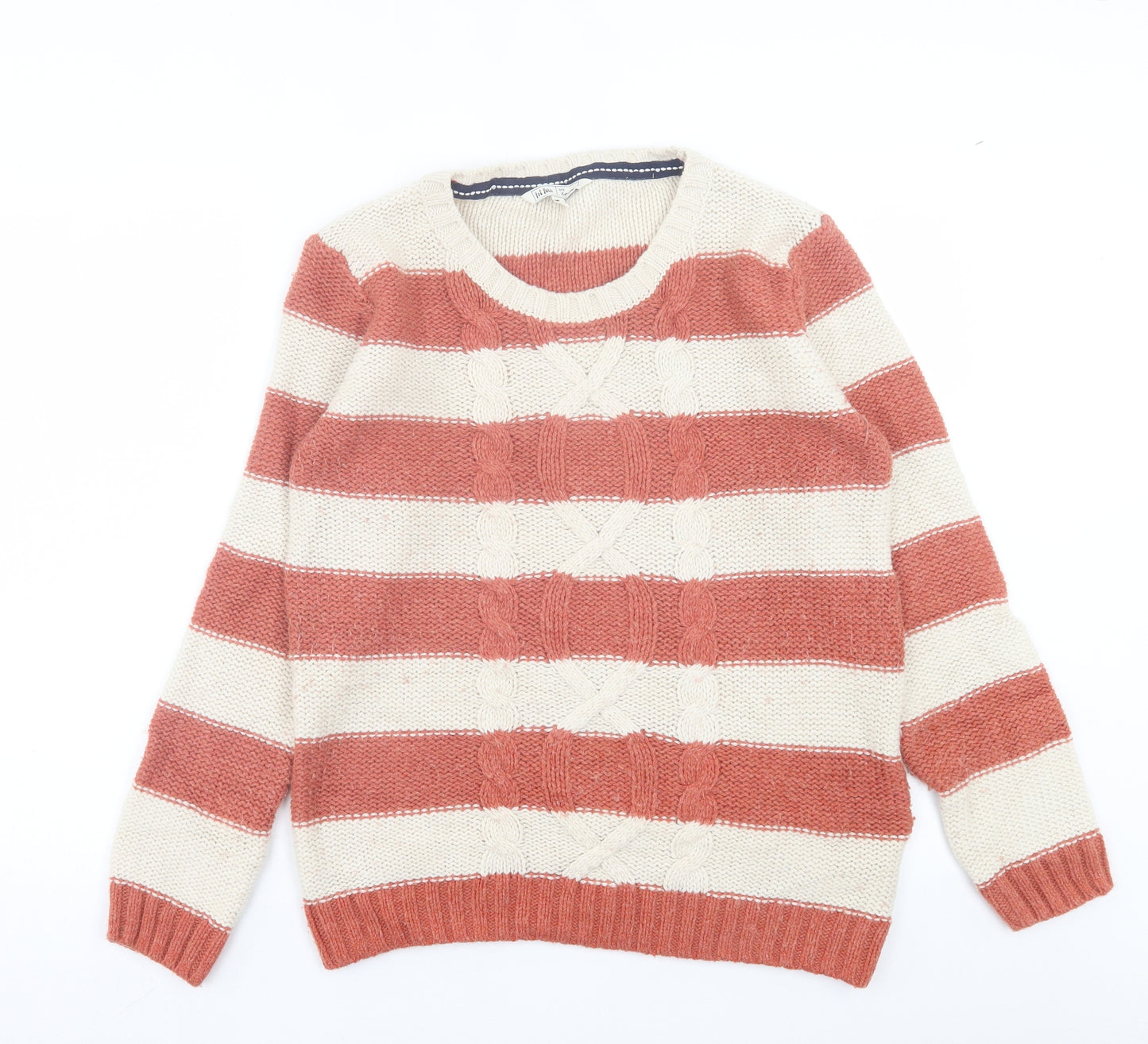 Fat Face Womens Orange Crew Neck Striped Wool Pullover Jumper Size 16