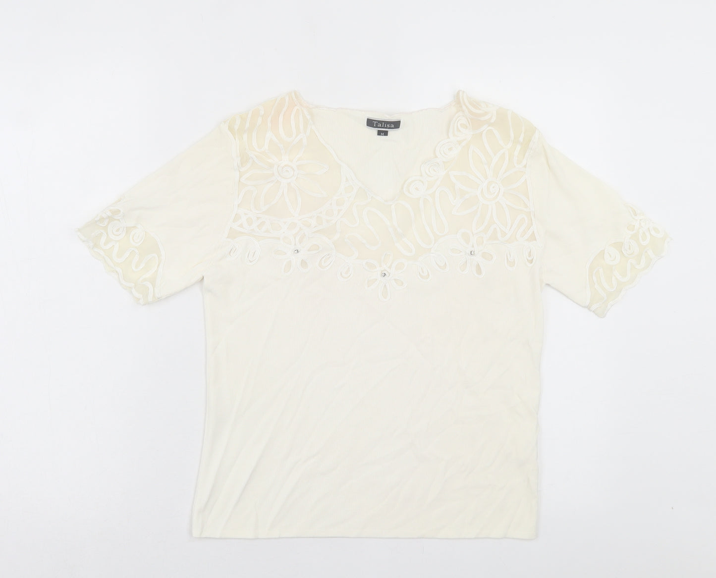 Talisa Womens Ivory Viscose Basic T-Shirt Size M V-Neck