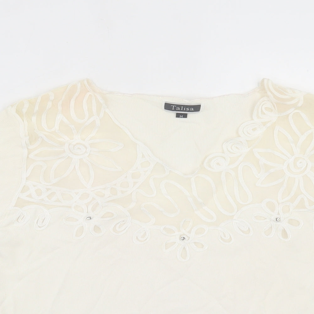 Talisa Womens Ivory Viscose Basic T-Shirt Size M V-Neck
