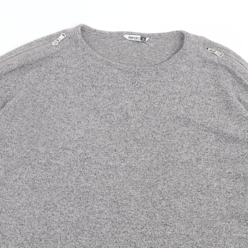 PEP&CO Womens Grey Polyester Basic T-Shirt Size 12 Crew Neck