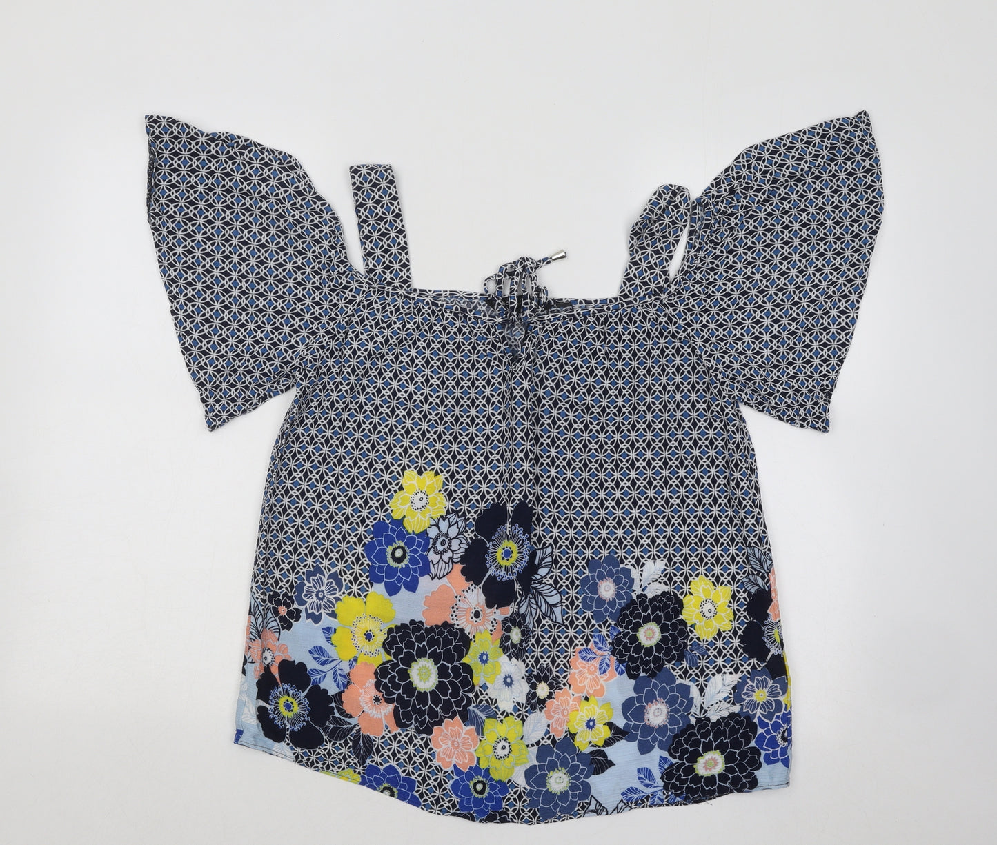 Dorothy Perkins Womens Blue Geometric Cotton Basic Blouse Size 10 Square Neck - Flowers
