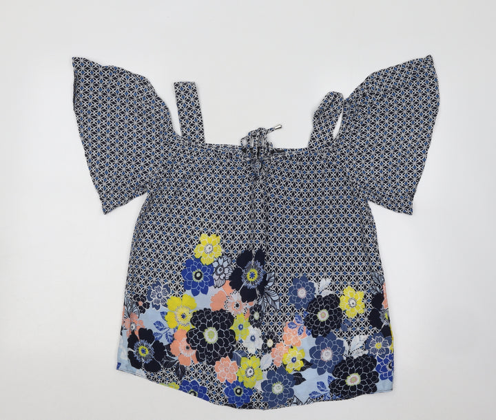 Dorothy Perkins Womens Blue Geometric Cotton Basic Blouse Size 10 Square Neck - Flowers