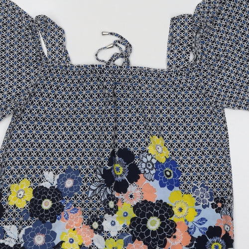 Dorothy Perkins Womens Blue Geometric Cotton Basic Blouse Size 10 Square Neck - Flowers