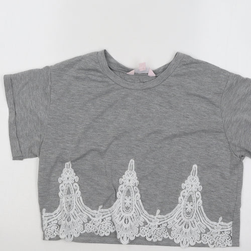 Miss Selfridge Womens Grey Geometric Cotton Basic T-Shirt Size 6 Round Neck - Lace Detail