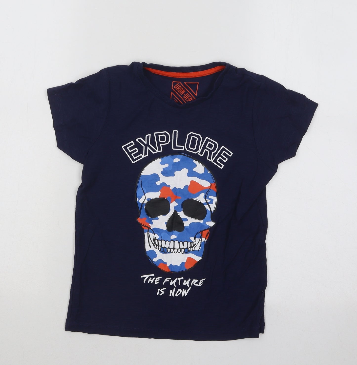 Urban Dept Boys Blue Cotton Basic T-Shirt Size 7-8 Years Round Neck Pullover - Explore Skull