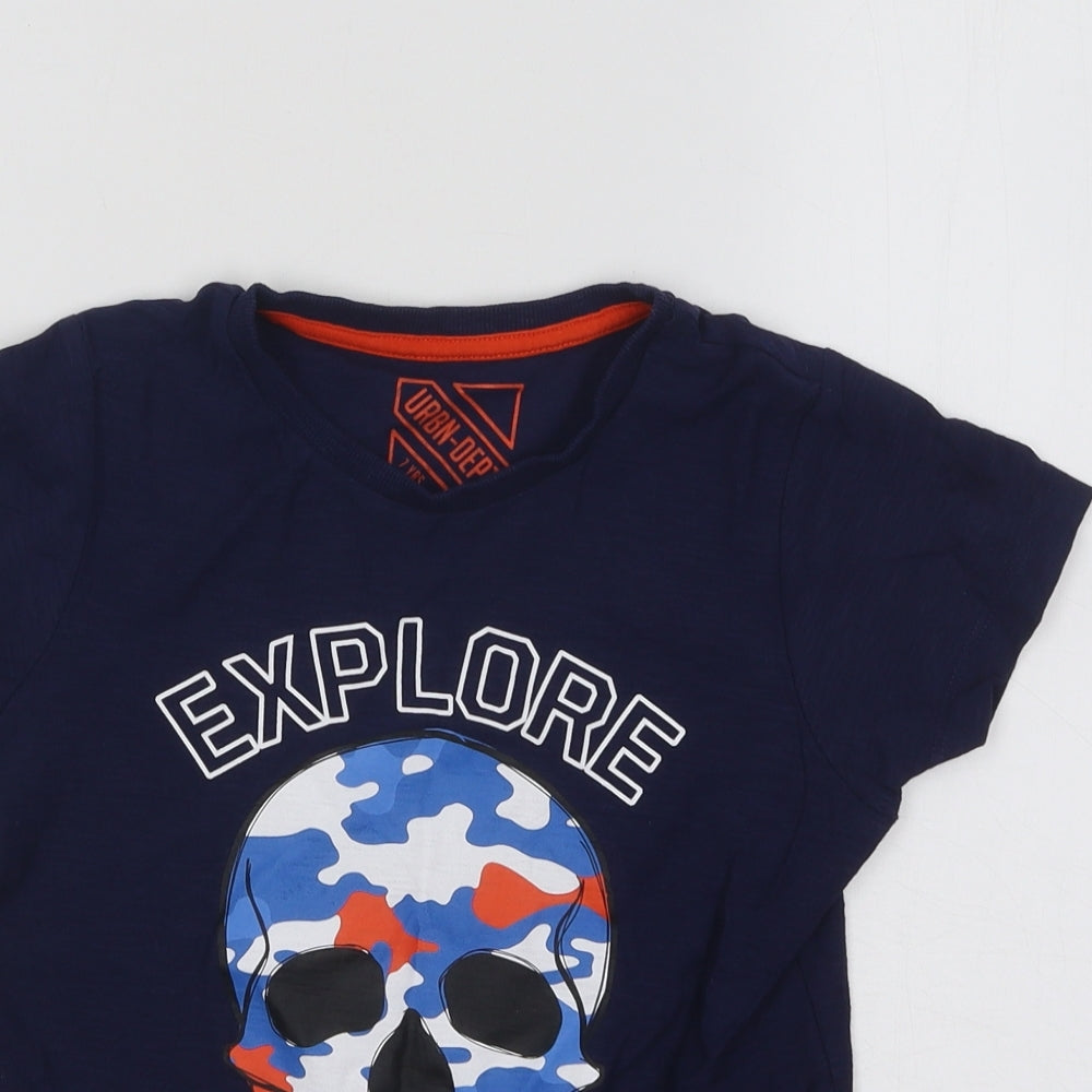 Urban Dept Boys Blue Cotton Basic T-Shirt Size 7-8 Years Round Neck Pullover - Explore Skull