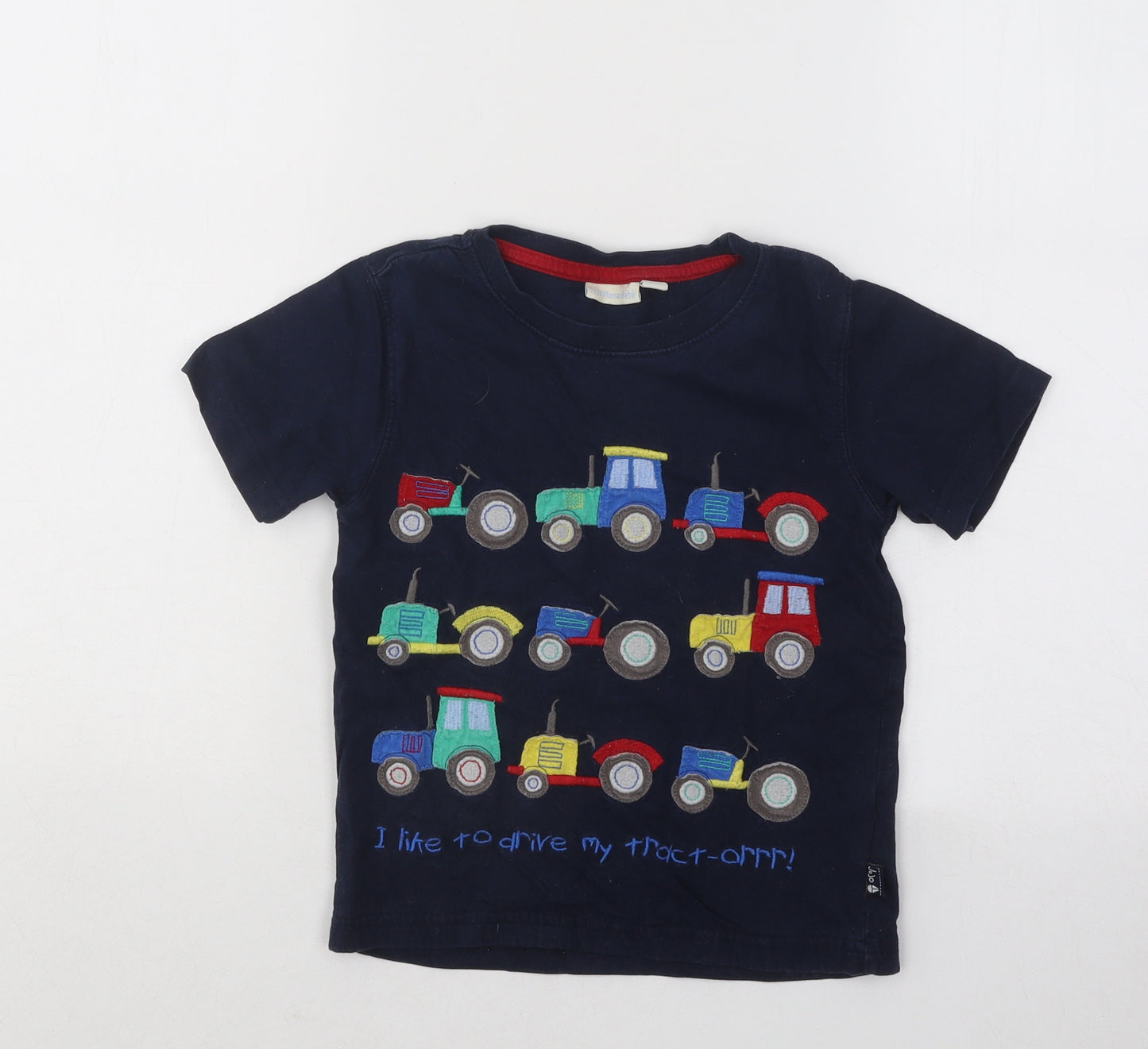 JoJo Maman Bébé Boys Blue Geometric Cotton Basic T-Shirt Size 4-5 Years Round Neck Pullover - Tractors
