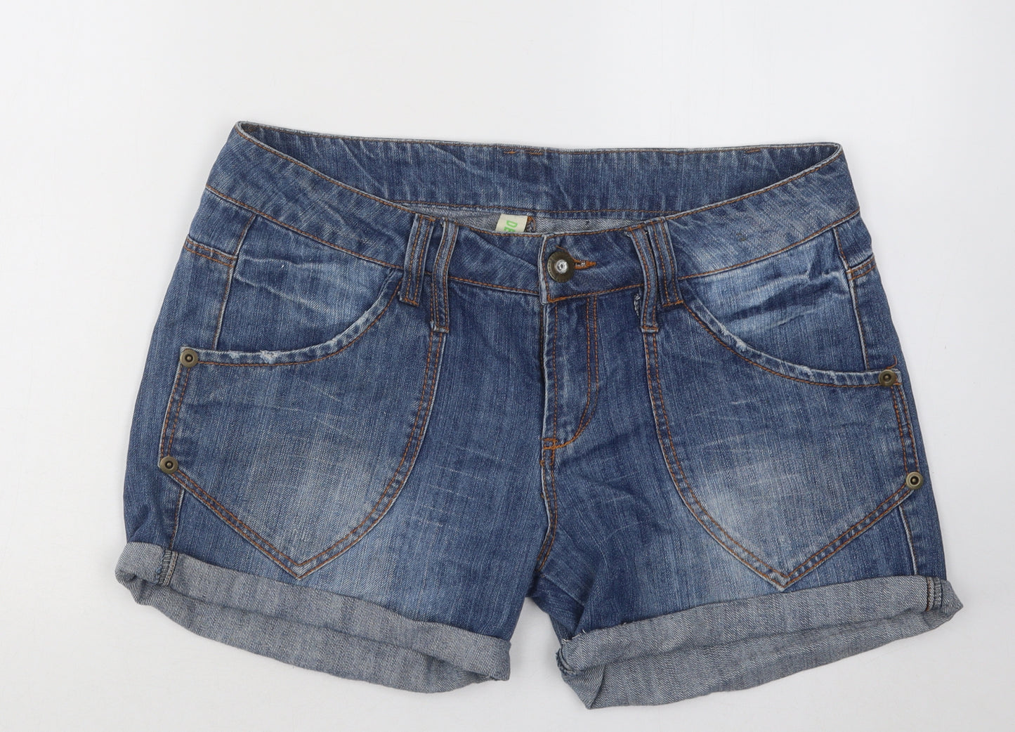 Primark Womens Blue Cotton Hot Pants Shorts Size 14 Regular Button