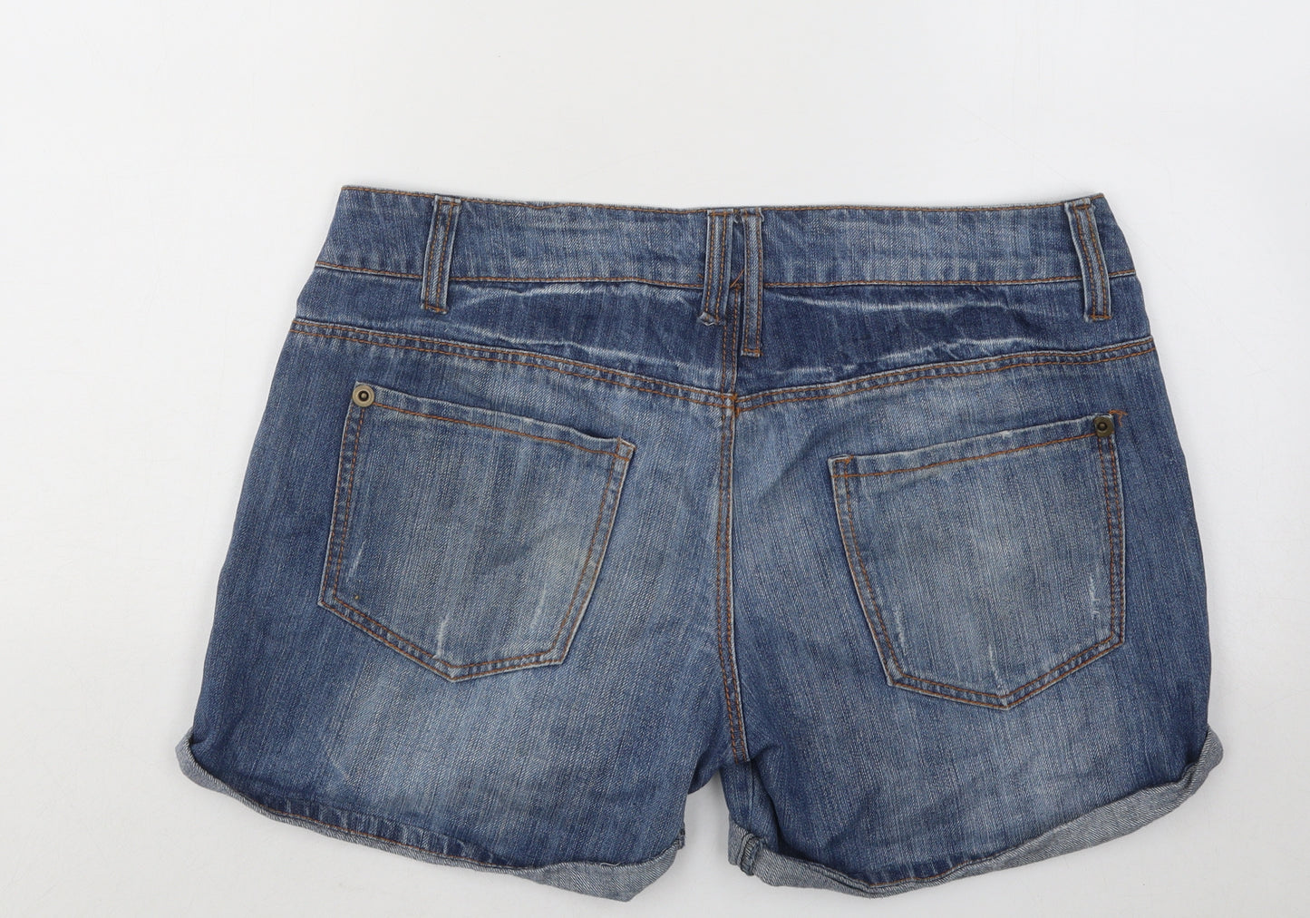 Primark Womens Blue Cotton Hot Pants Shorts Size 14 Regular Button