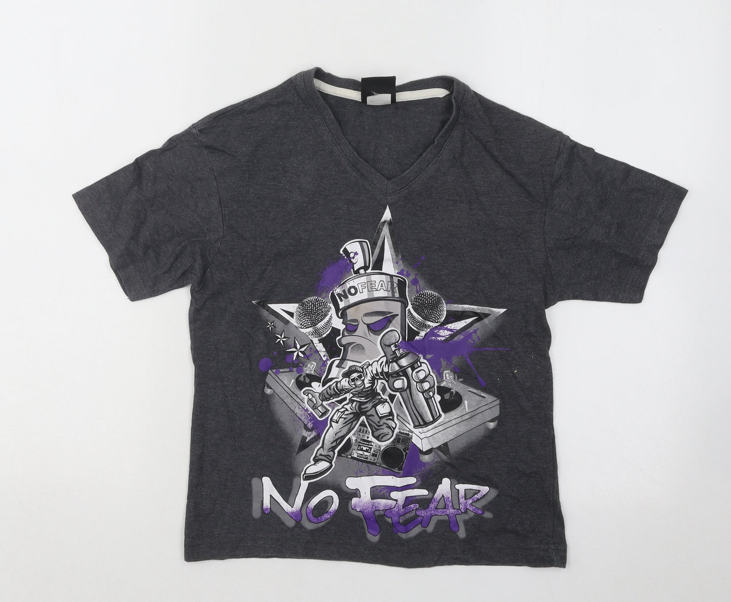 No Fear Boys Grey Cotton Basic T-Shirt Size 7-8 Years V-Neck Pullover