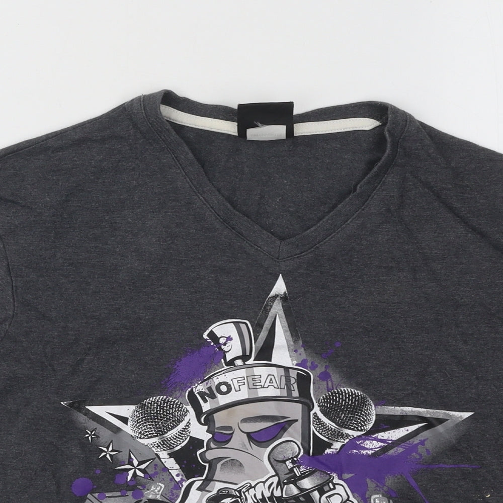 No Fear Boys Grey Cotton Basic T-Shirt Size 7-8 Years V-Neck Pullover