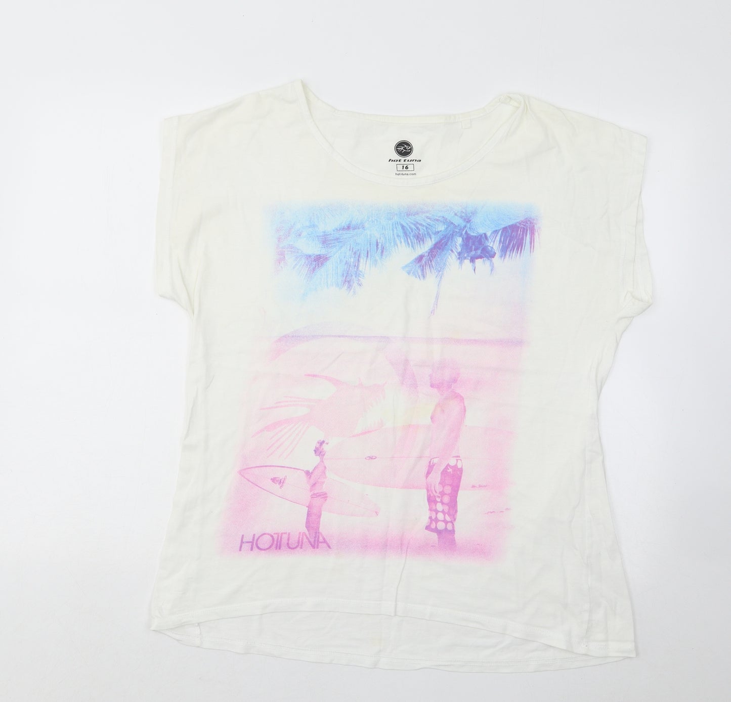 Hot Tuna Womens Multicoloured Cotton Basic T-Shirt Size 16 Round Neck - Surfer Palm Tree