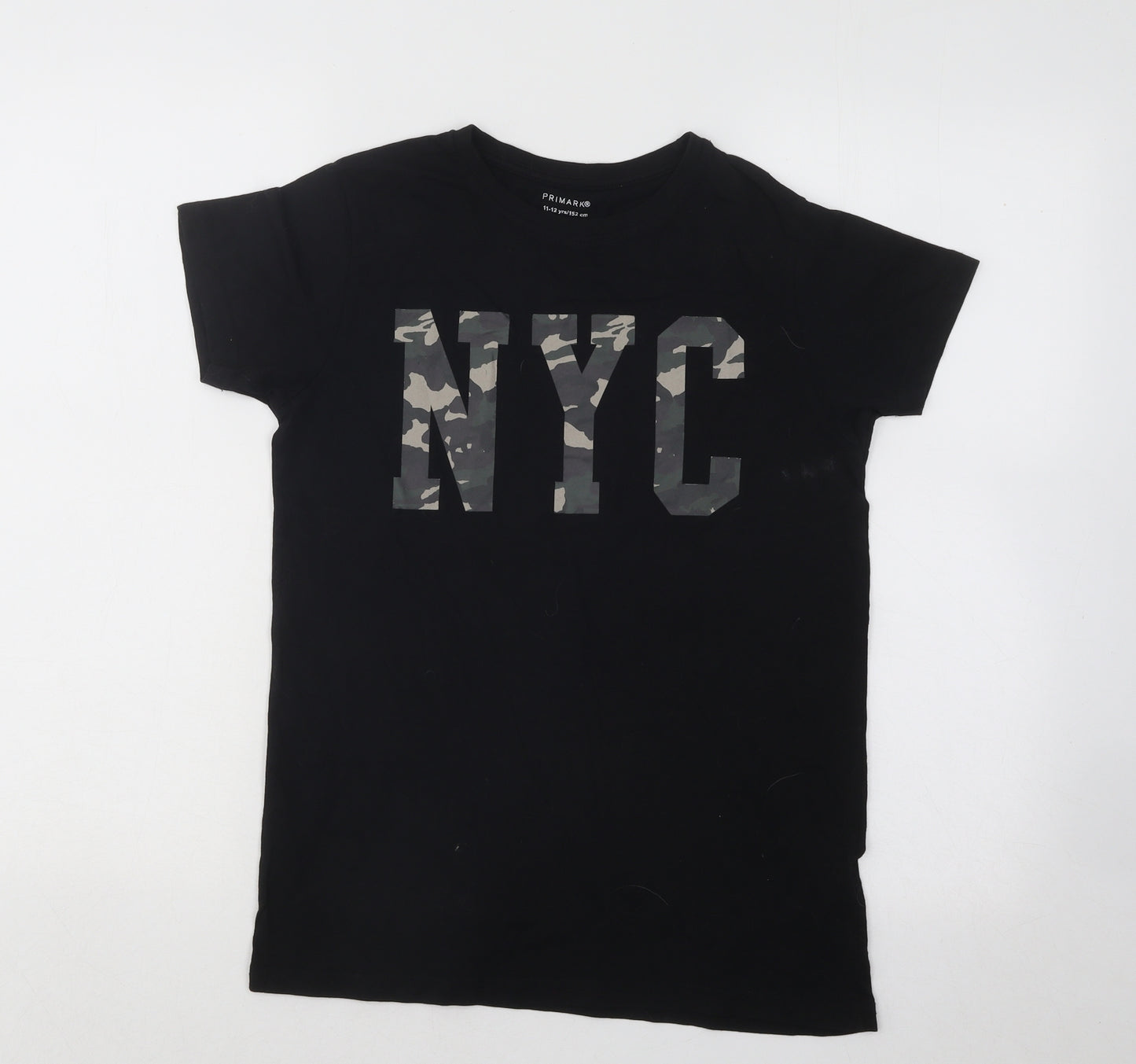 Primark Boys Black Cotton Basic T-Shirt Size 11-12 Years Round Neck Pullover - NYC