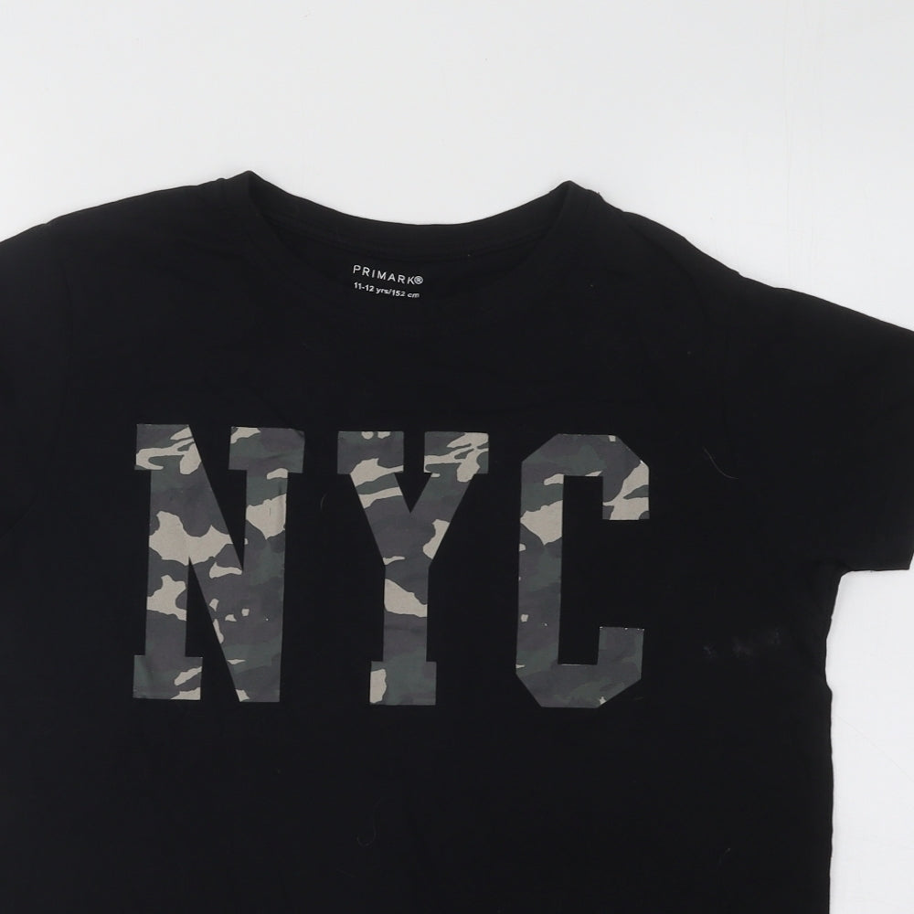 Primark Boys Black Cotton Basic T-Shirt Size 11-12 Years Round Neck Pullover - NYC