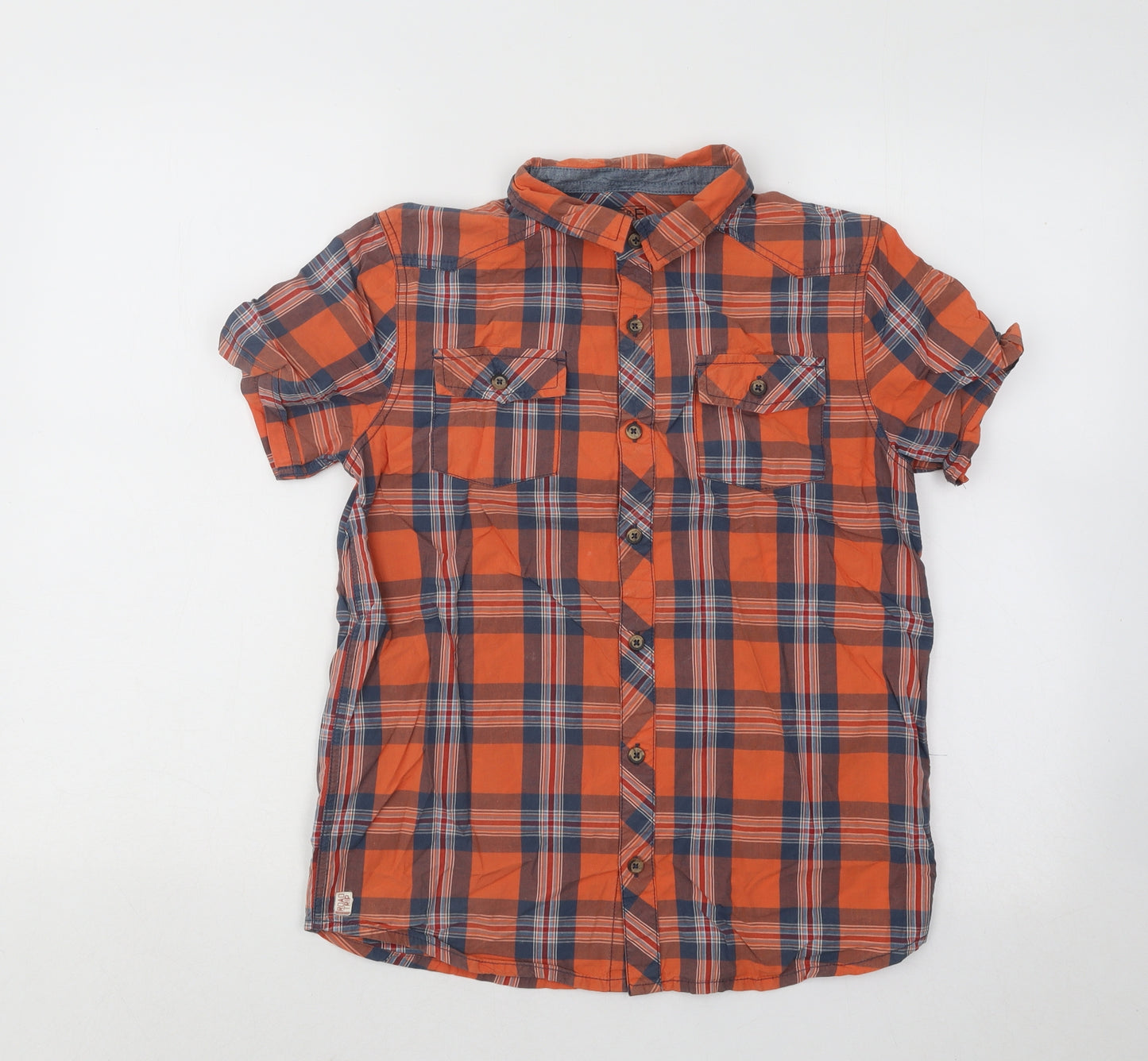F&F Boys Orange Plaid Cotton Basic Button-Up Size 12 Years Collared Button