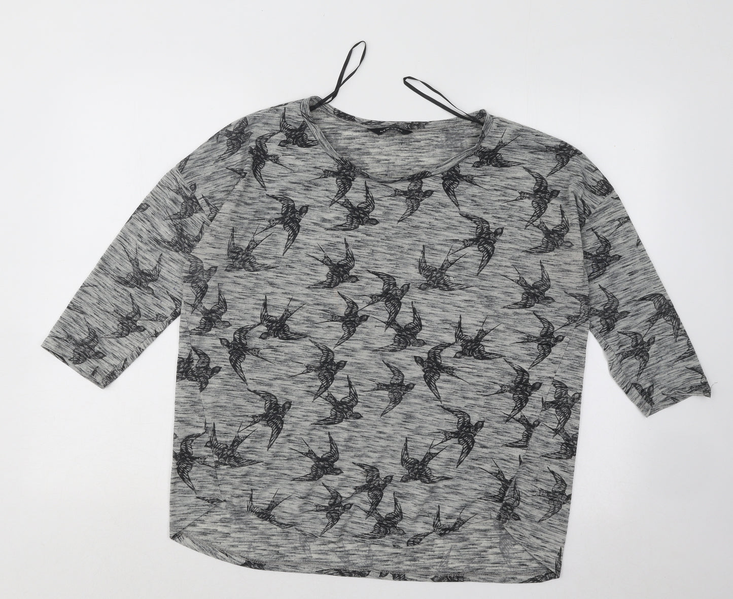 New Look Womens Grey Geometric Polyester Basic T-Shirt Size 14 Round Neck - Birds