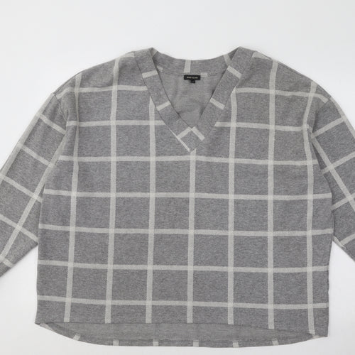 River Island Womens Grey V-Neck Check Cotton Pullover Jumper Size 16
