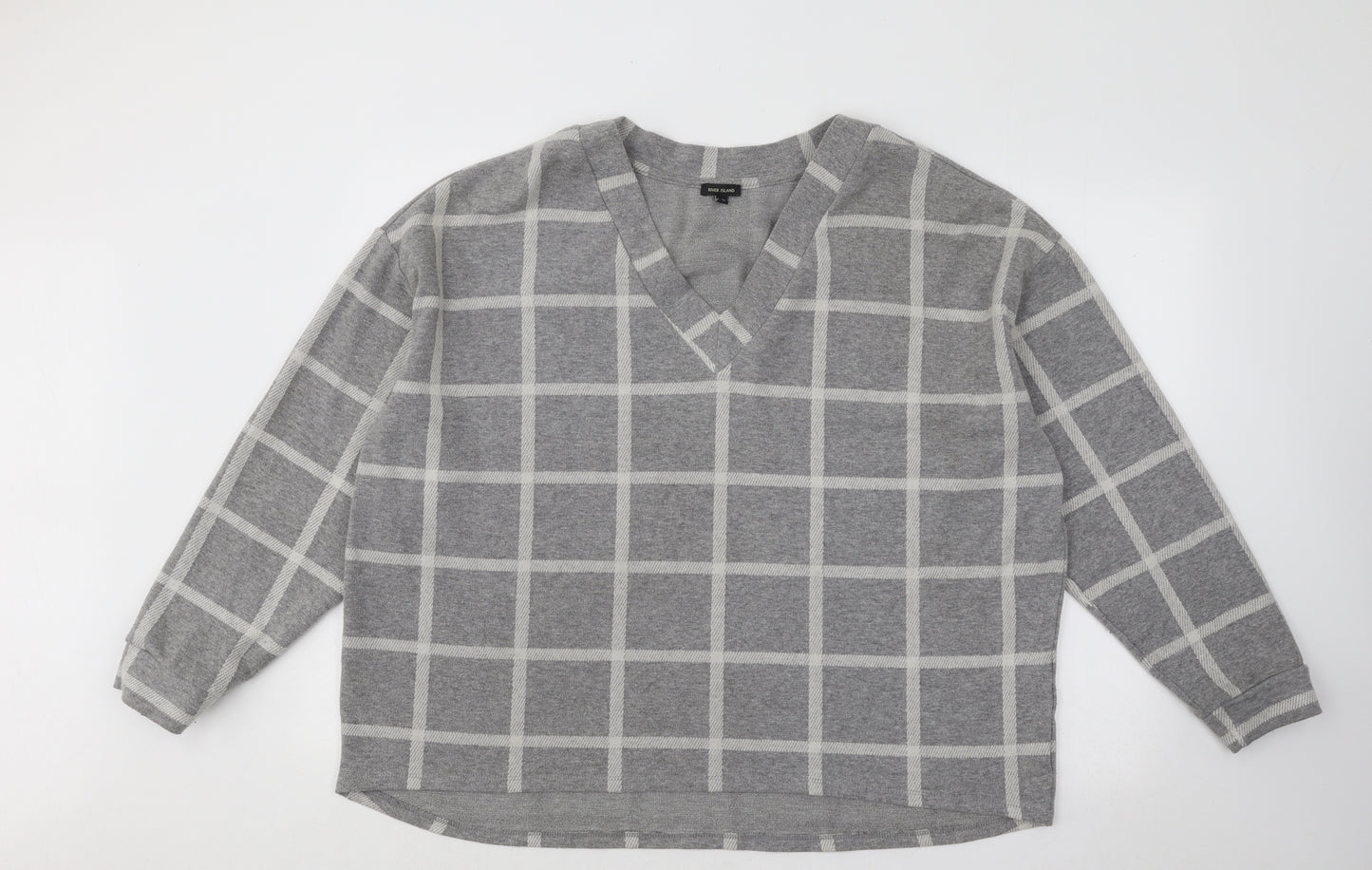 River Island Womens Grey V-Neck Check Cotton Pullover Jumper Size 16