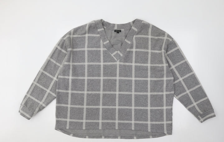 River Island Womens Grey V-Neck Check Cotton Pullover Jumper Size 16