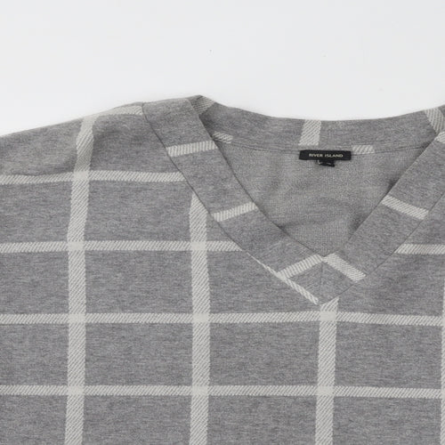 River Island Womens Grey V-Neck Check Cotton Pullover Jumper Size 16