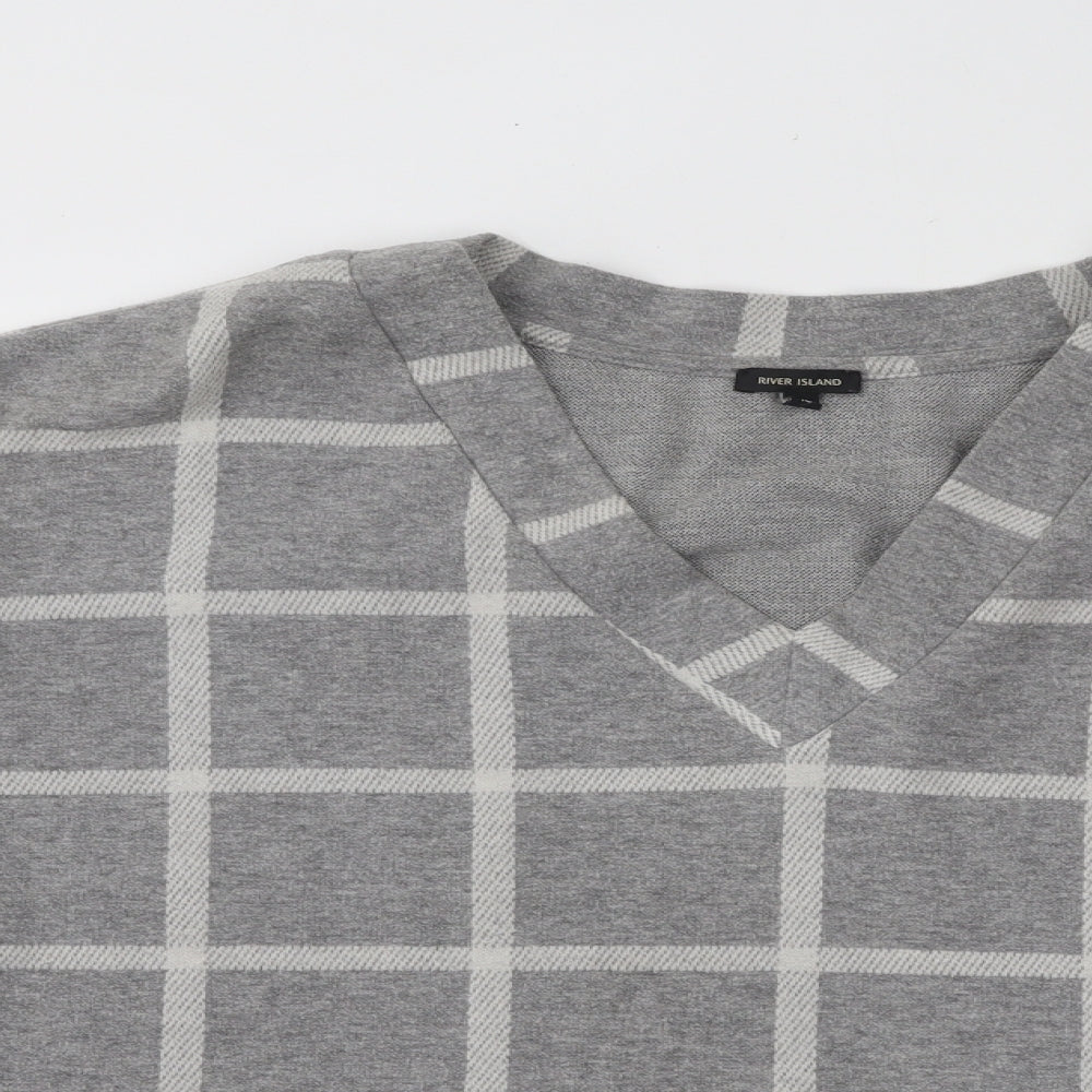 River Island Womens Grey V-Neck Check Cotton Pullover Jumper Size 16
