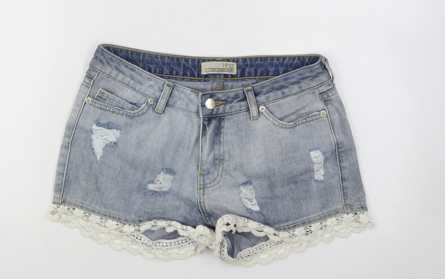 South Womens Blue Geometric Cotton Hot Pants Shorts Size 8 Regular Button - Distressed