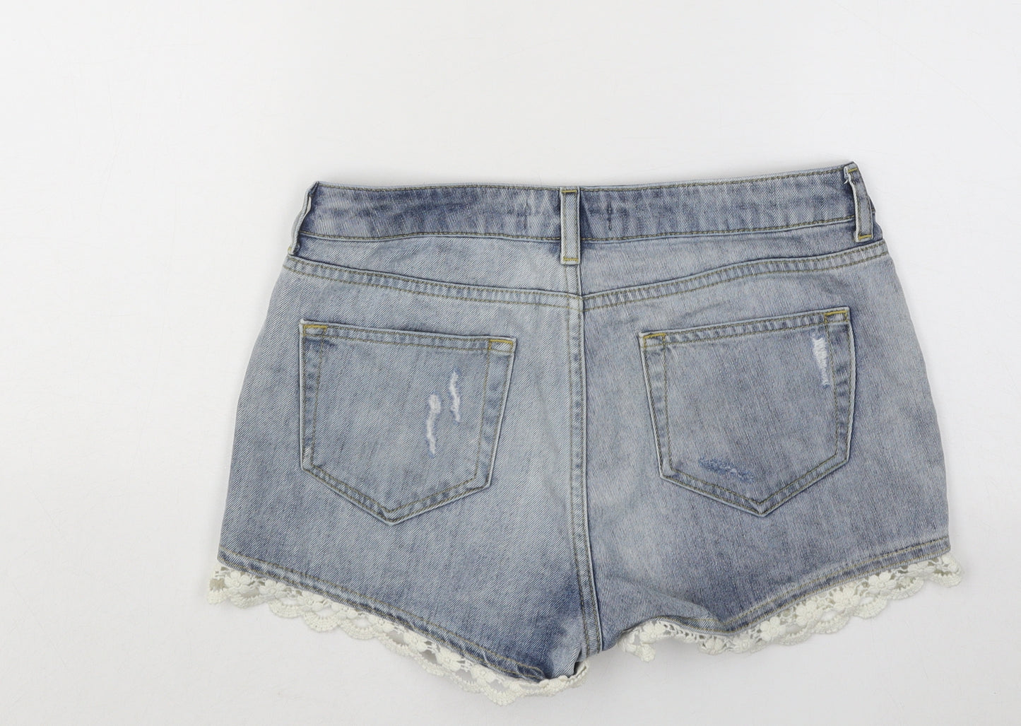 South Womens Blue Geometric Cotton Hot Pants Shorts Size 8 Regular Button - Distressed