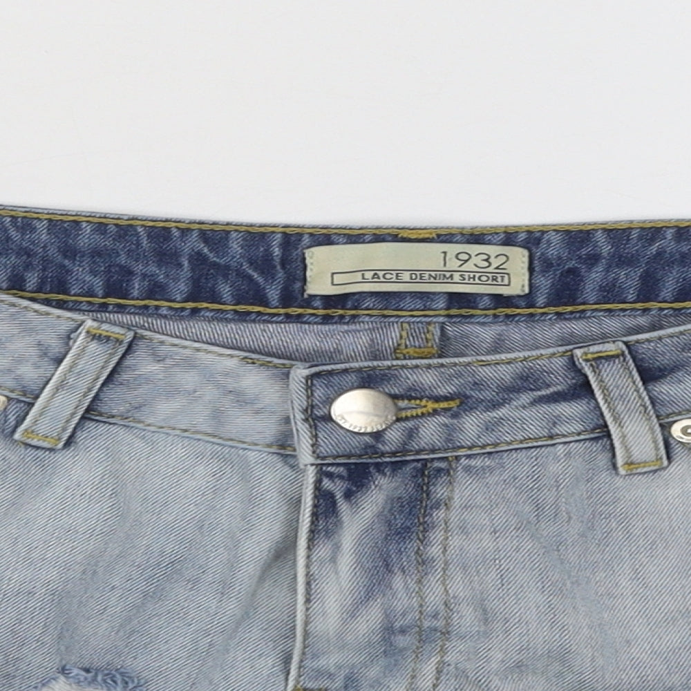 South Womens Blue Geometric Cotton Hot Pants Shorts Size 8 Regular Button - Distressed