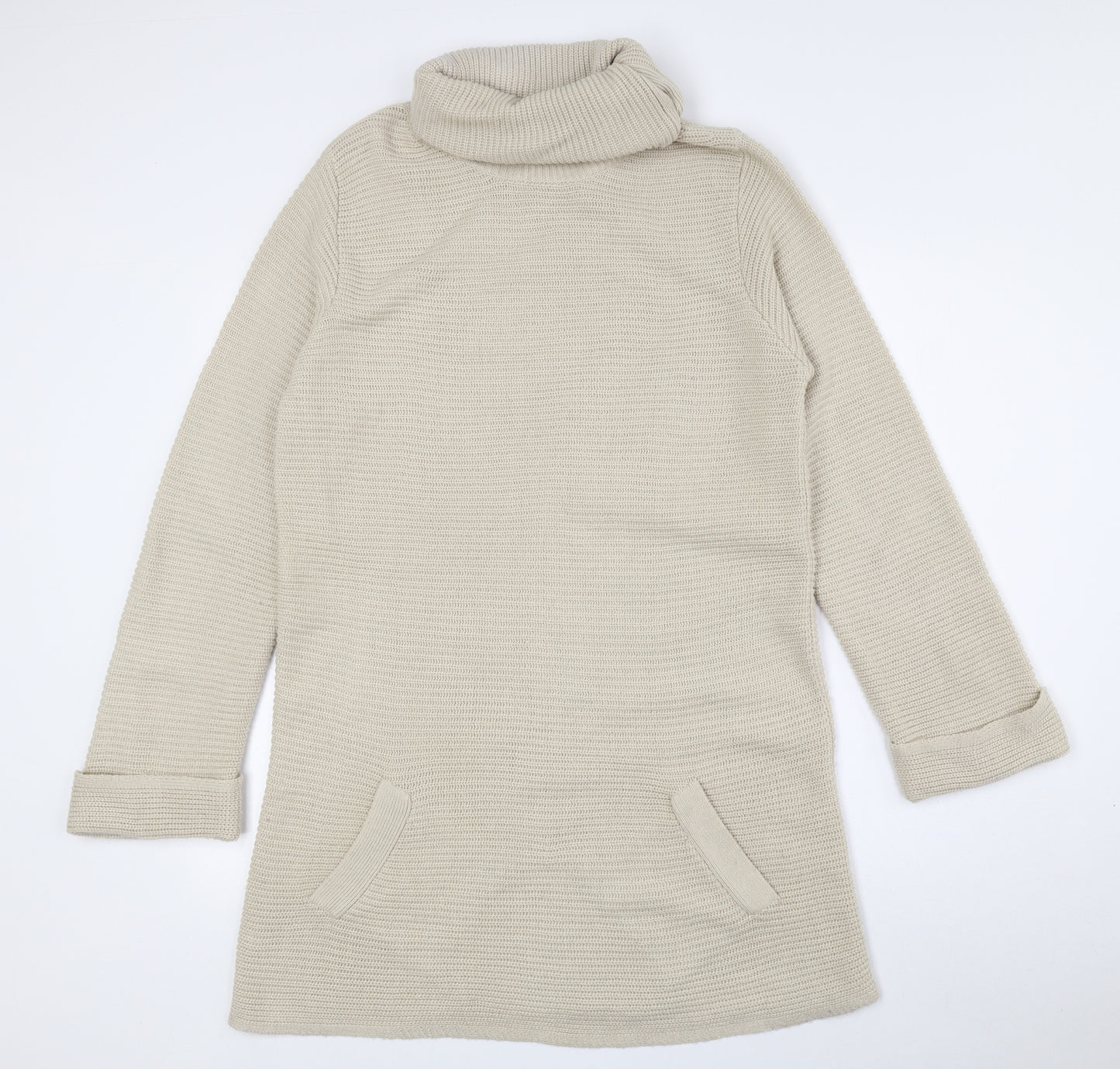BHS Womens Beige Acrylic Jumper Dress Size 16 Roll Neck Button