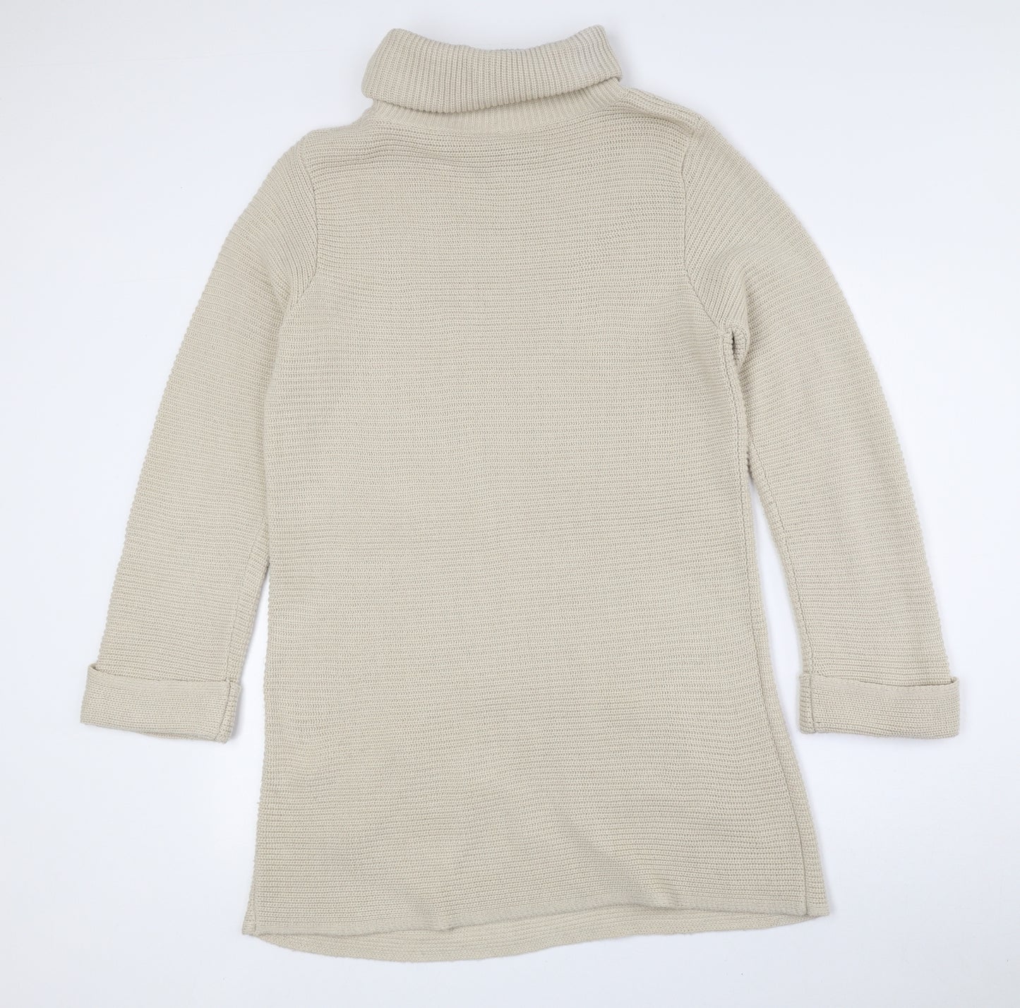 BHS Womens Beige Acrylic Jumper Dress Size 16 Roll Neck Button