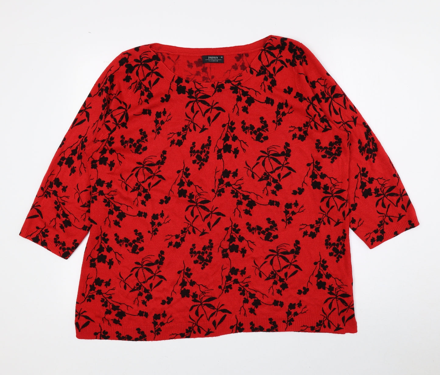 Papaya Womens Red Floral Acrylic Basic T-Shirt Size 20 Boat Neck