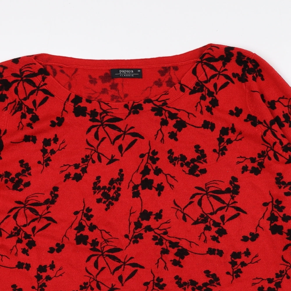 Papaya Womens Red Floral Acrylic Basic T-Shirt Size 20 Boat Neck