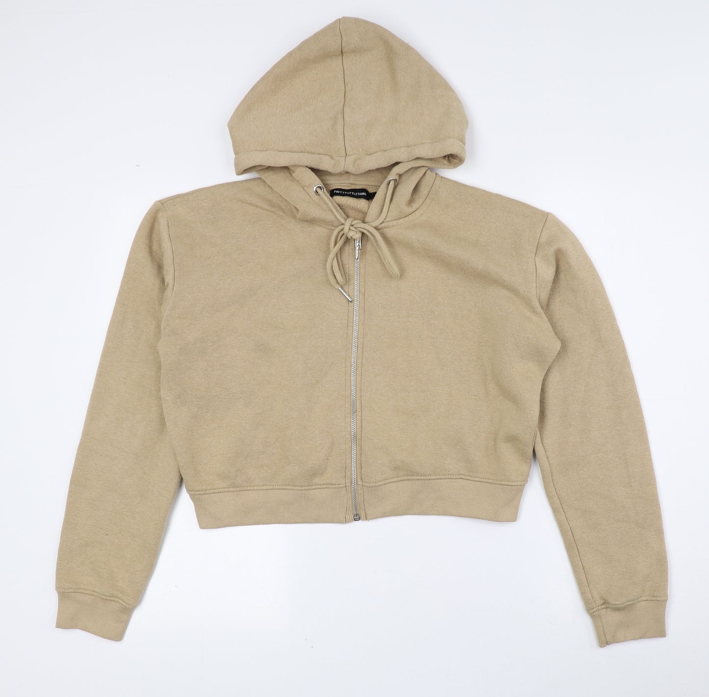 PRETTYLITTLETHING Womens Brown Cotton Pullover Hoodie Size L Drawstring - Cropped
