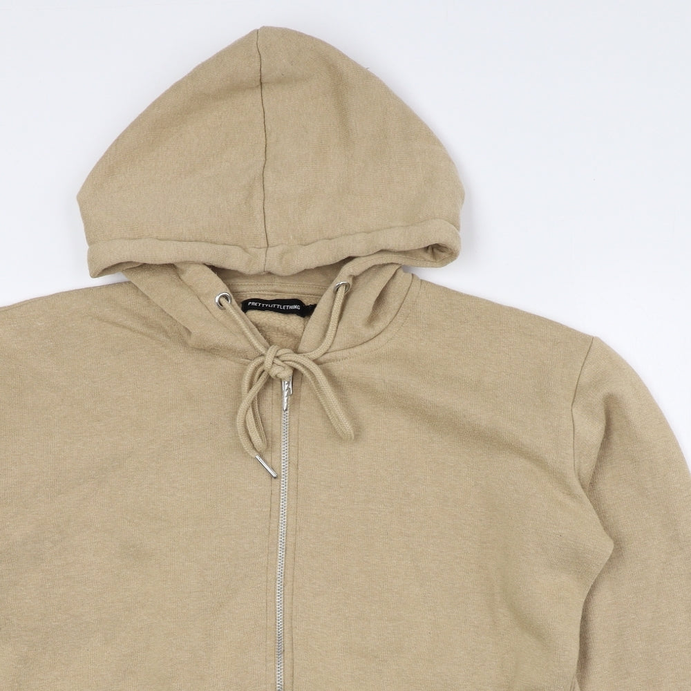 PRETTYLITTLETHING Womens Brown Cotton Pullover Hoodie Size L Drawstring - Cropped