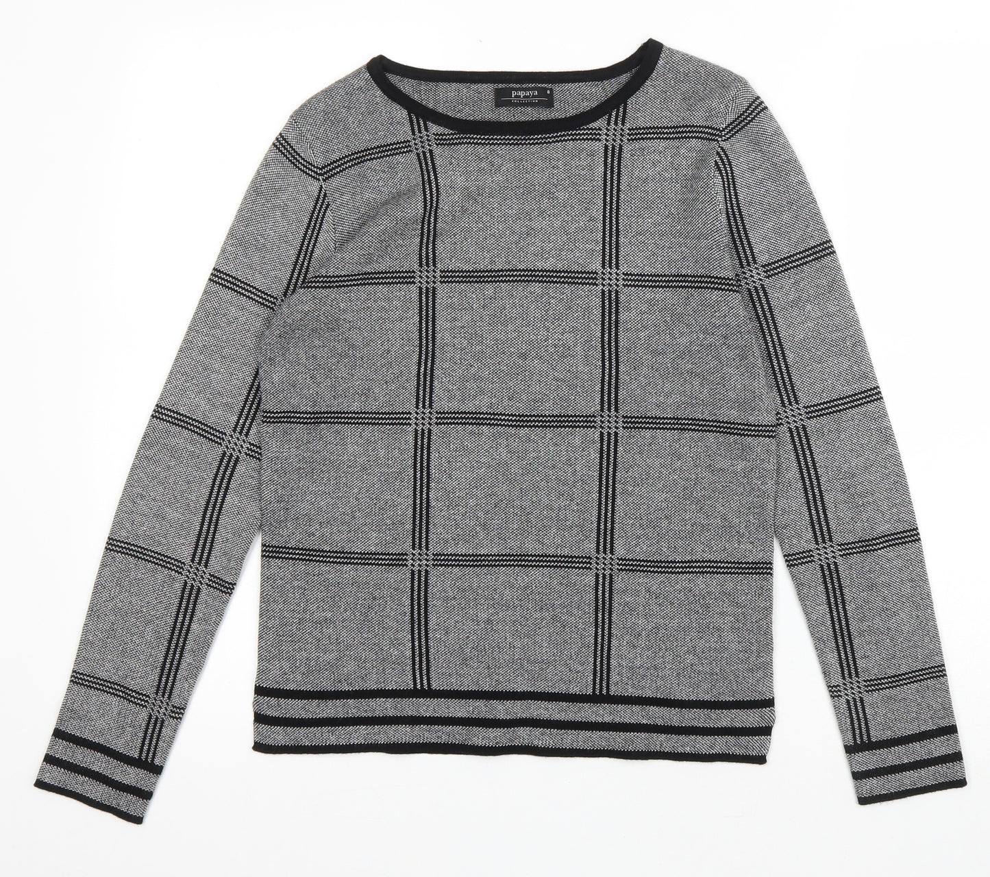Papaya Womens Grey Scoop Neck Check Acrylic Pullover Jumper Size 8