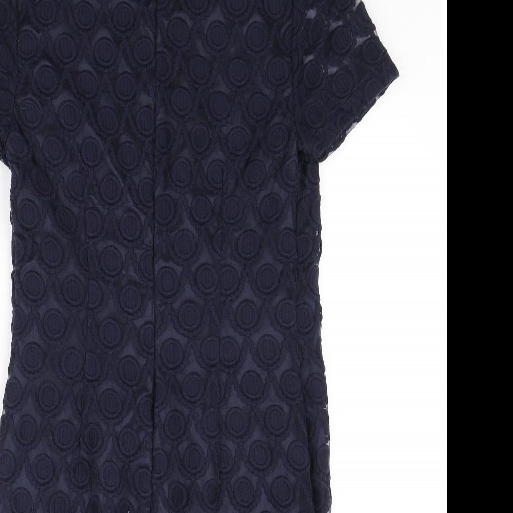 Monsoon Womens Blue Nylon Pencil Dress Size 8 Round Neck Zip - Lace Overlay Dress
