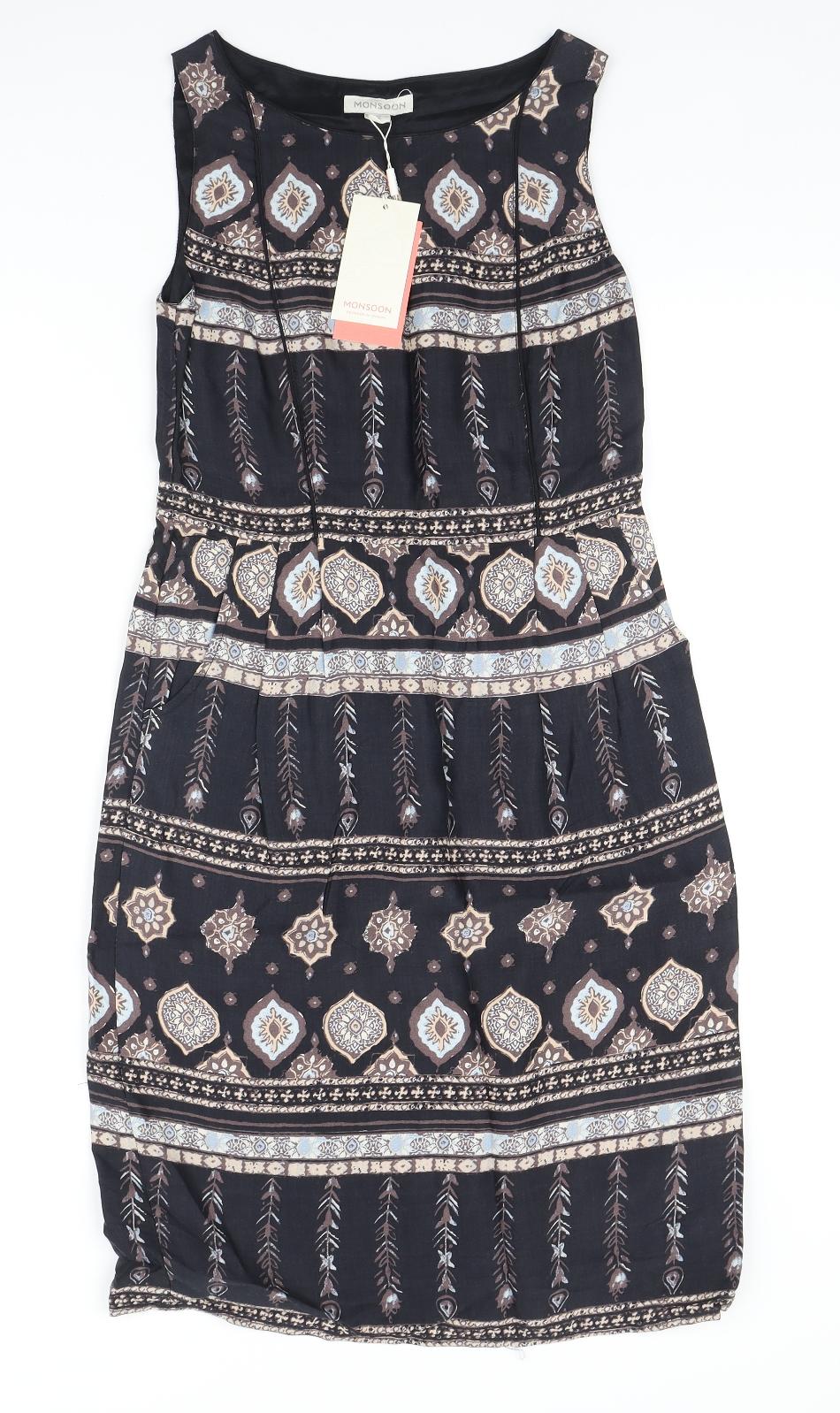 Monsoon Womens Black Geometric Viscose A-Line Size 10 Boat Neck Zip
