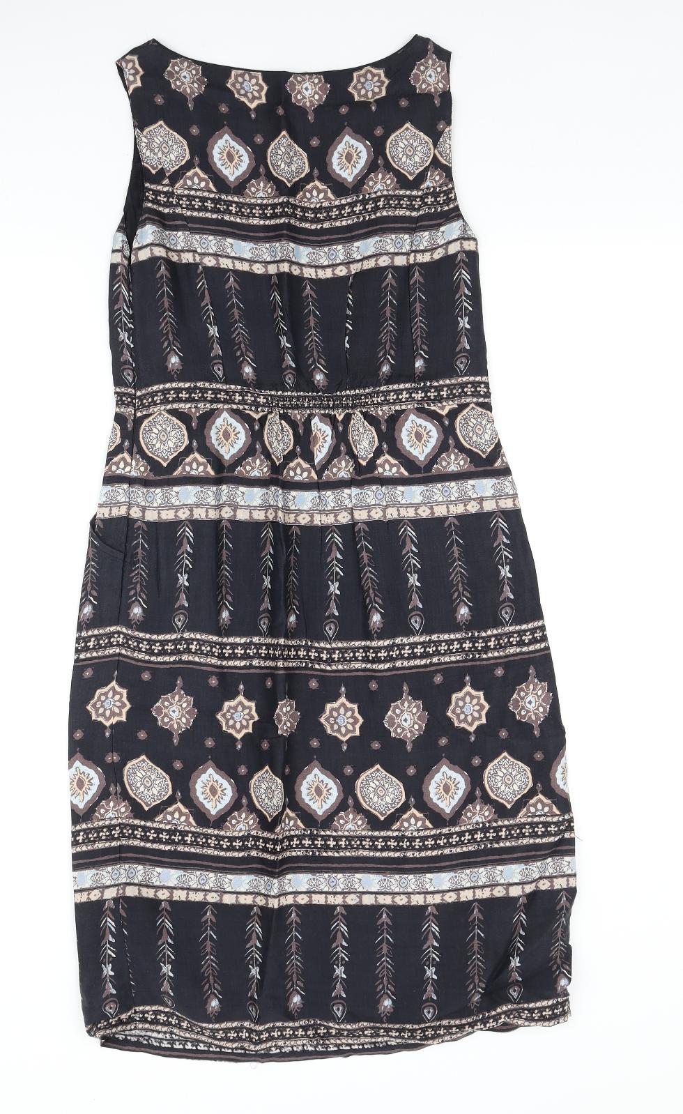 Monsoon Womens Black Geometric Viscose A-Line Size 10 Boat Neck Zip