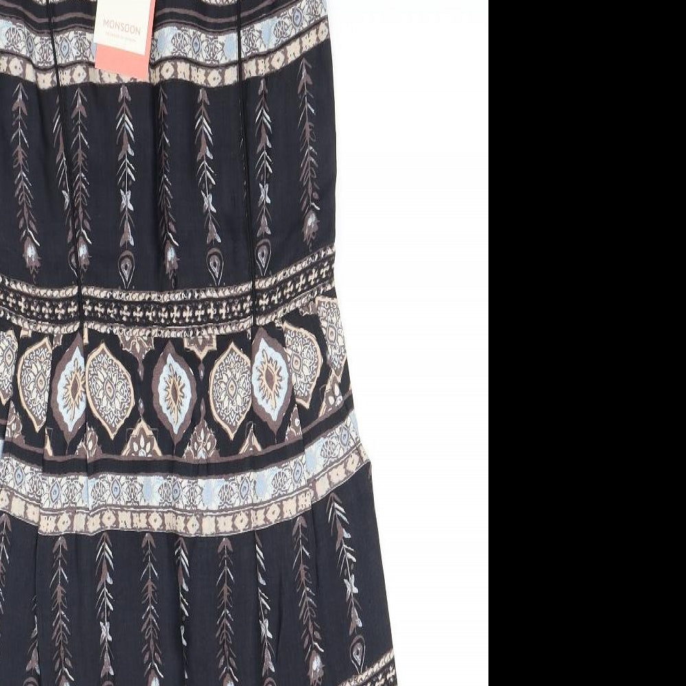 Monsoon Womens Black Geometric Viscose A-Line Size 10 Boat Neck Zip