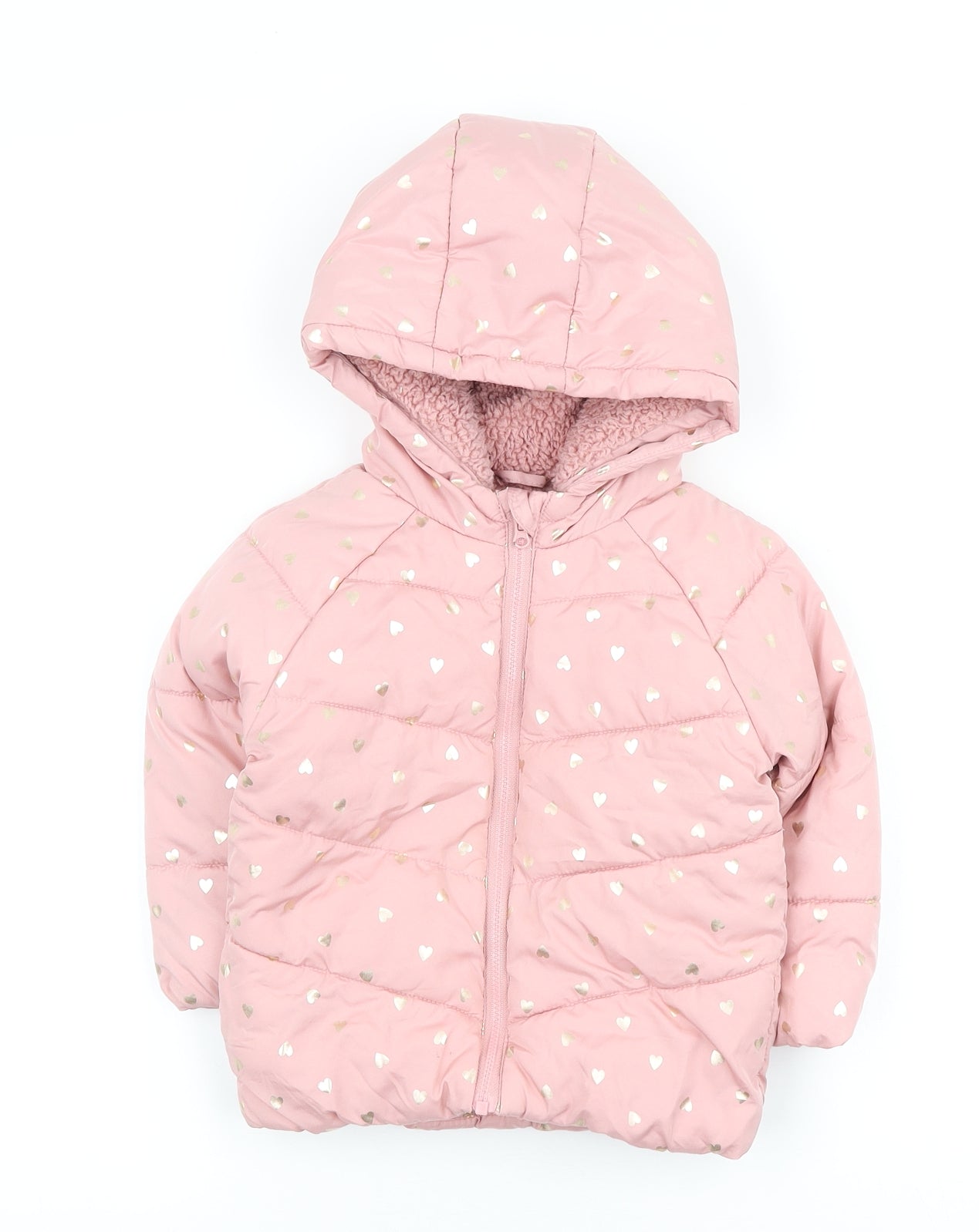 George Girls Pink Geometric Puffer Jacket Coat Size 18-24 Months Zip - Foiled heart print
