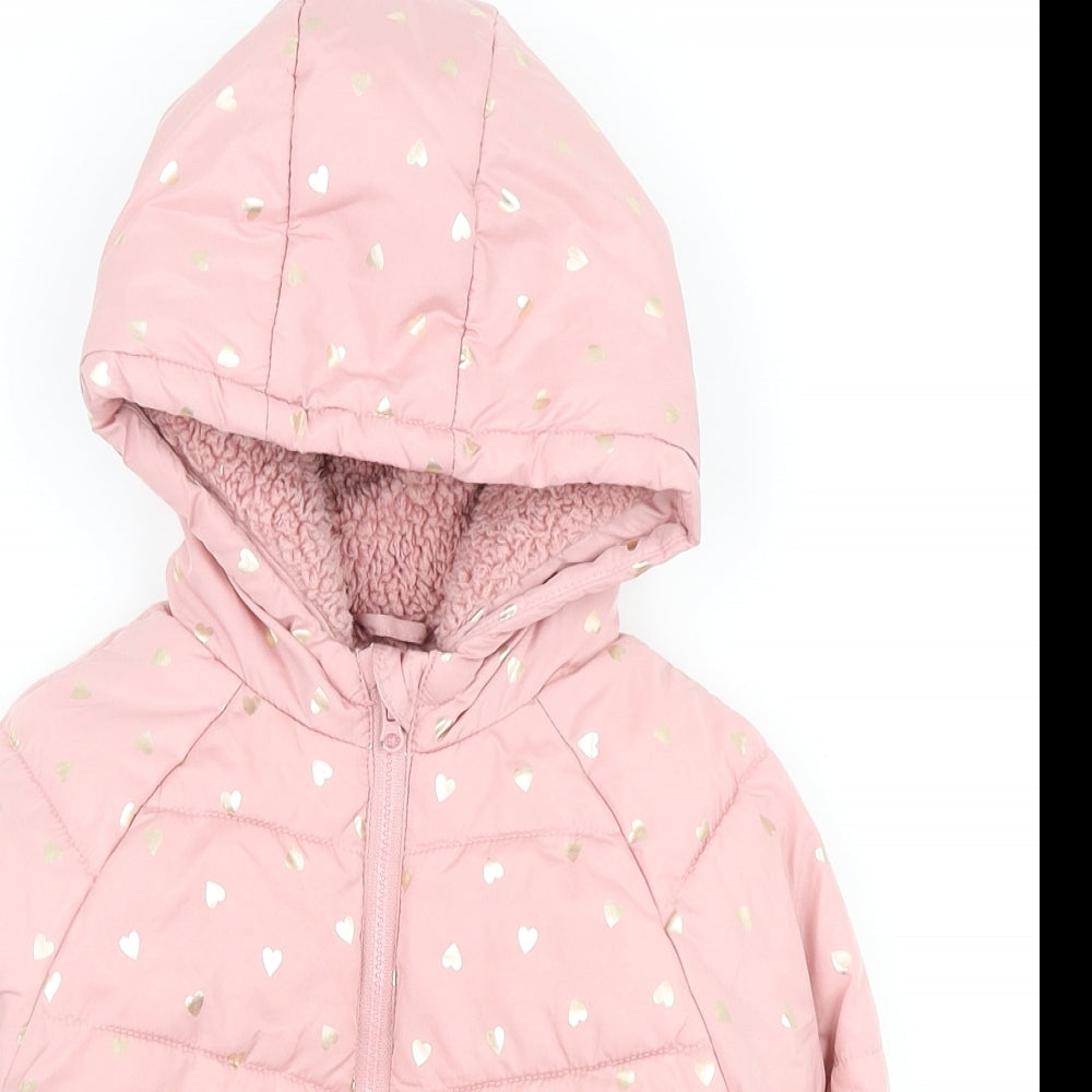 George Girls Pink Geometric Puffer Jacket Coat Size 18-24 Months Zip - Foiled heart print