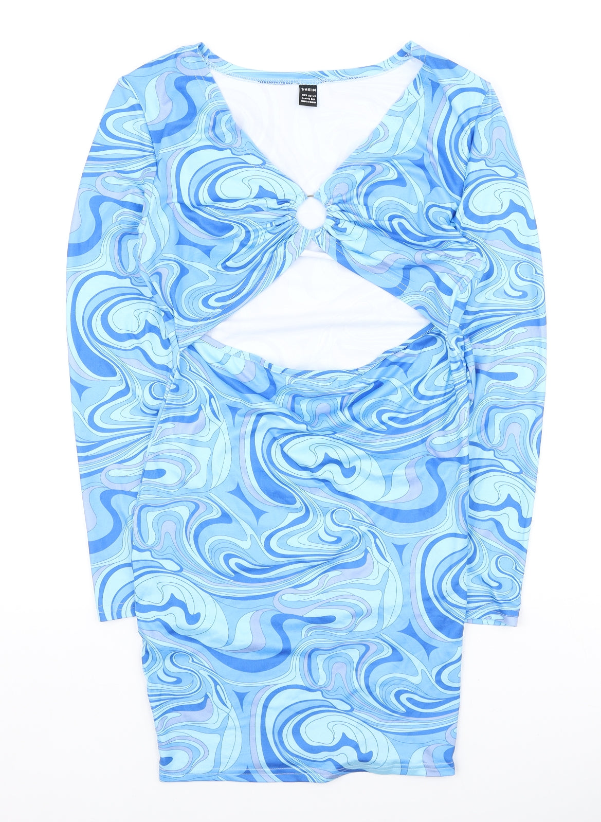SheIn Womens Blue Geometric Polyester Bodycon Size L V-Neck Pullover - Swirl print